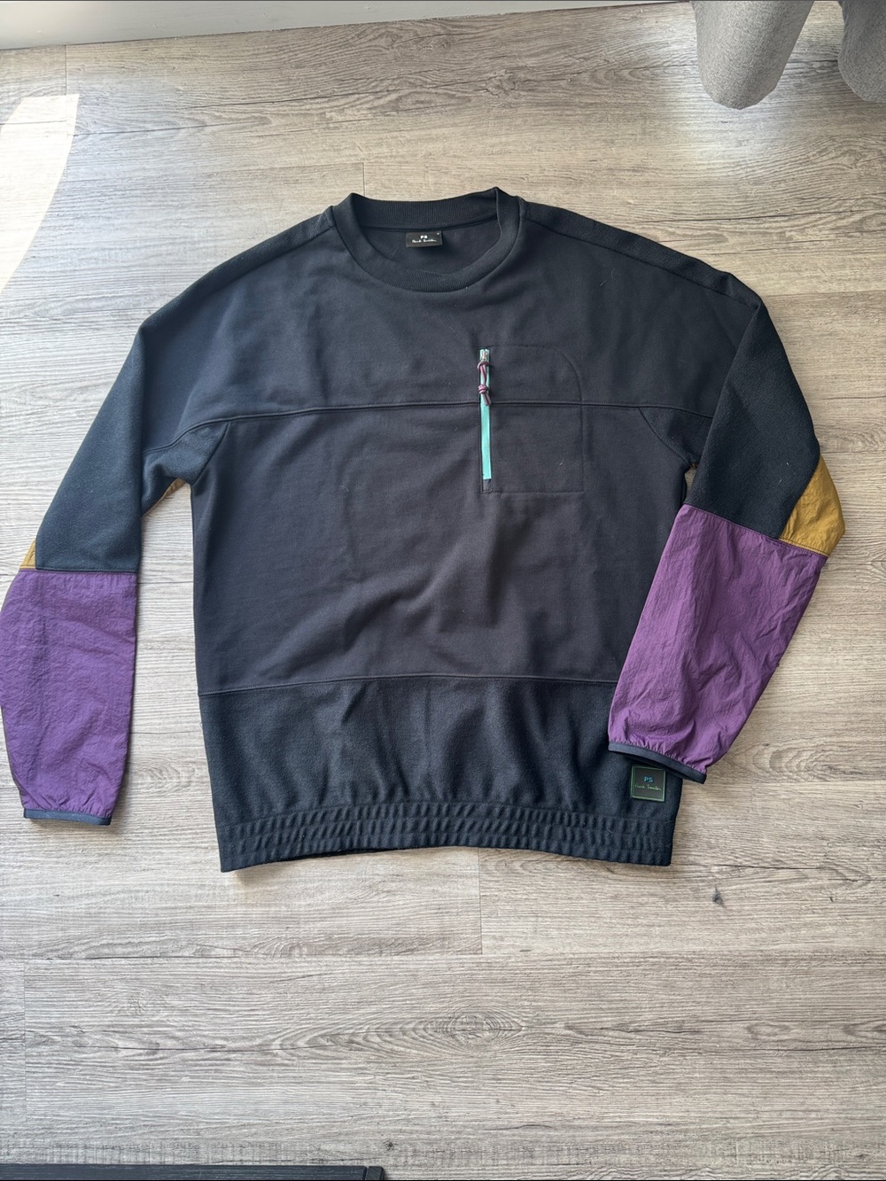 PS Paul Smith Black Crewneck Sweater with Purple & Gold Sleeve Panels